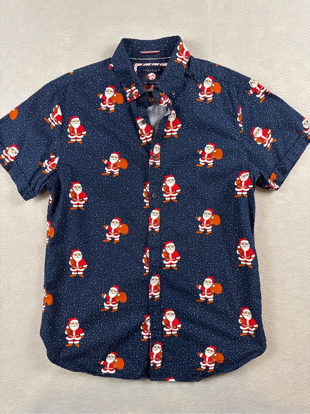 Denim & Flower Christmas Button Shirt Santa Claus Holiday Navy Blue Holiday
